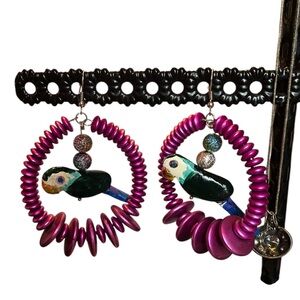 Tropical Parrot Earrings large fucsia beaded dangles & hand painted Wood Parrot